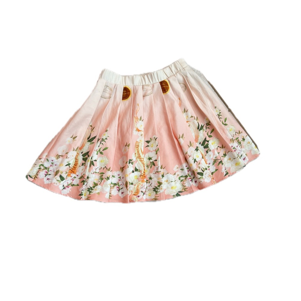 A PEACH ~ Light Pink Floral Pleated Skirt Side Zipper and Elastic Waistband Back - Picture 7 of 11